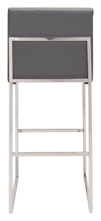 43" Gray Faux Leather And Chrome Low Back Bar Height Chair With Footrest