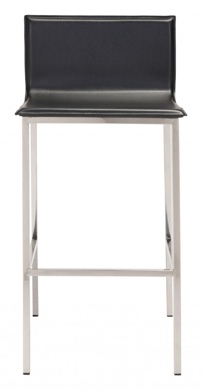 Set of Two Designer Black Faux Leather and Steel Barstools