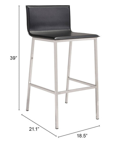 Set of Two Designer Black Faux Leather and Steel Barstools