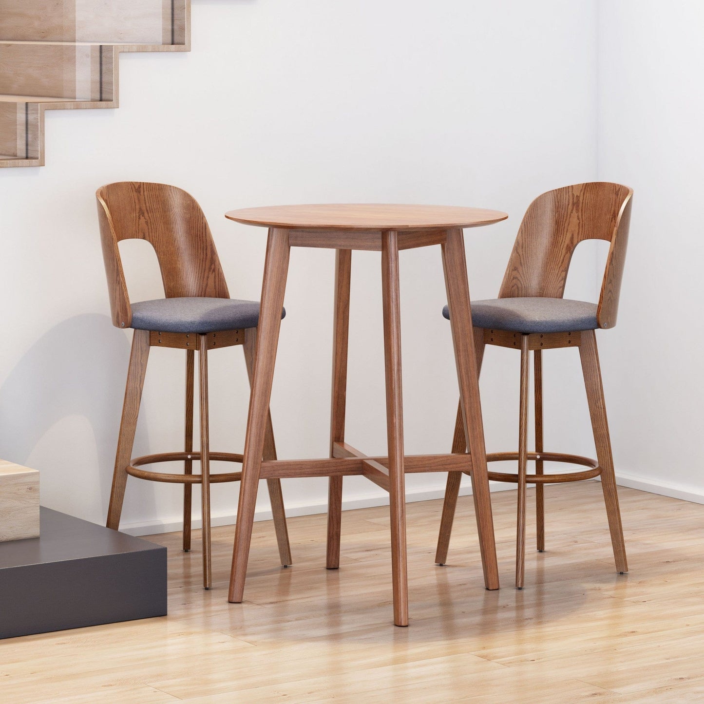 Set of Two Walnut and Dark Gray Modern Retro Bar Chairs