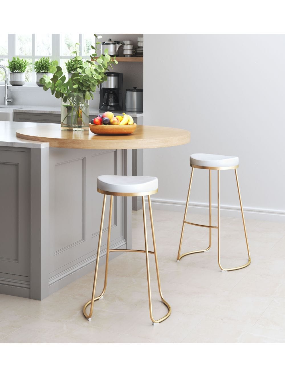 Set of Two White and Gold Modern Glam Geo Backless Barstools