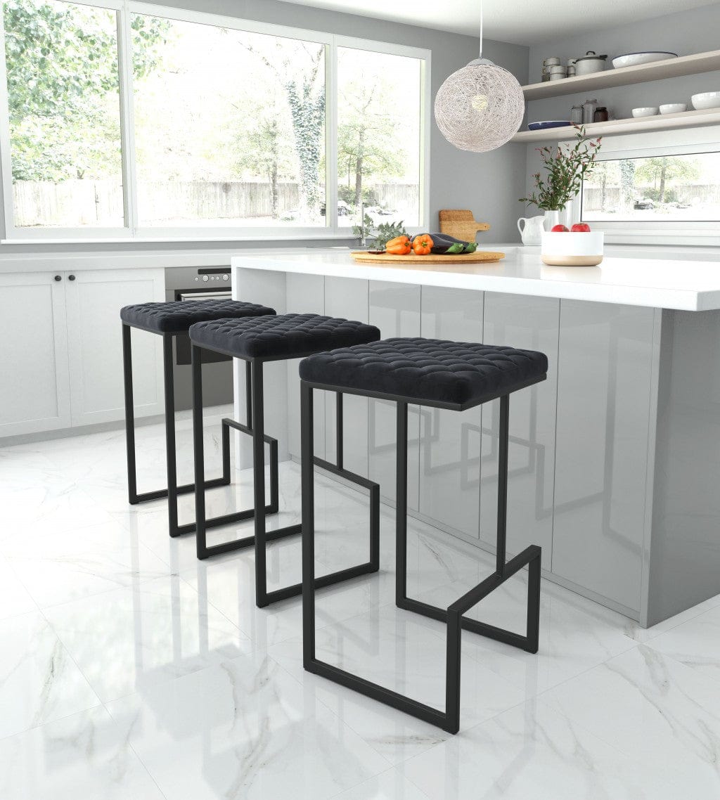 Black Modern Geo Waffle Seat Backless Barstool