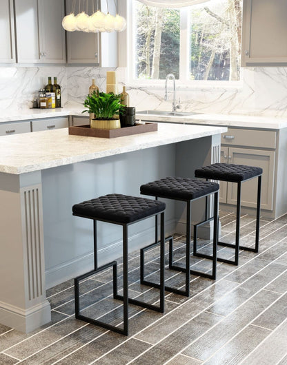 Black Modern Geo Waffle Seat Backless Barstool