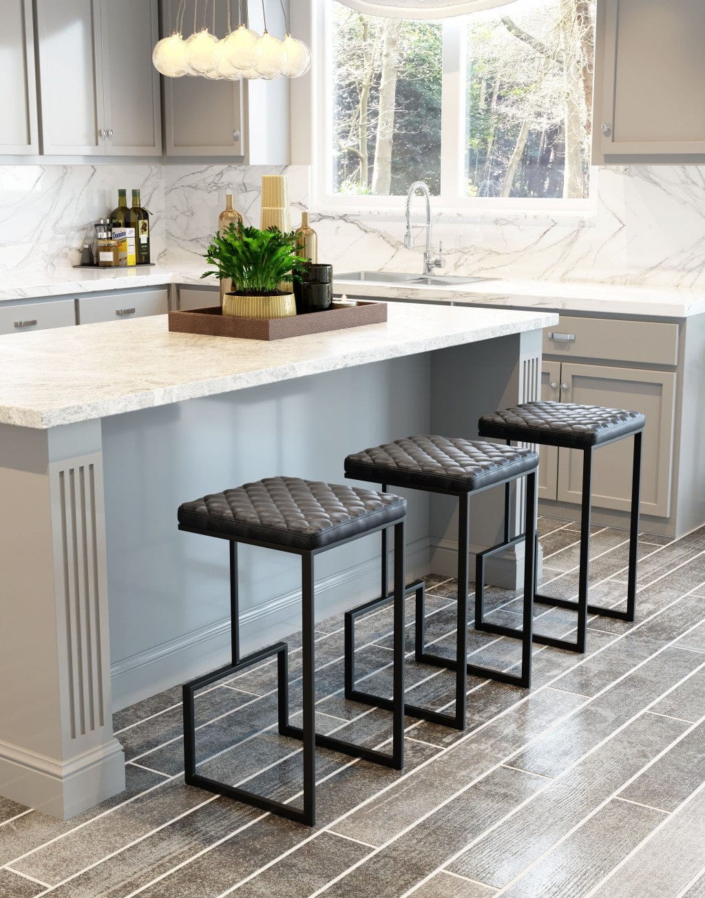 Gray Modern Geo Waffle Seat Backless Barstool