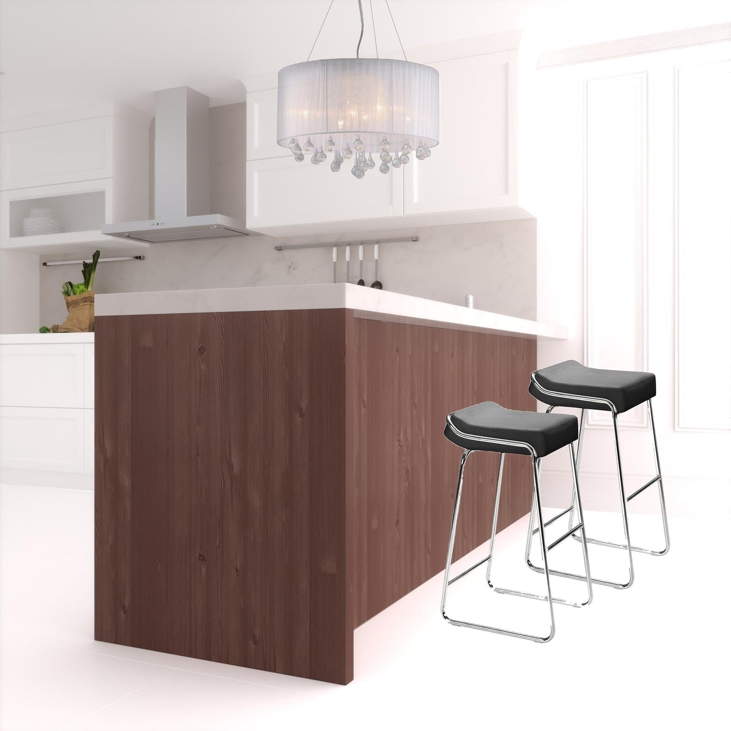 Set Of Two 33" Black Faux Leather And Chrome Backless Bar Height Chairs