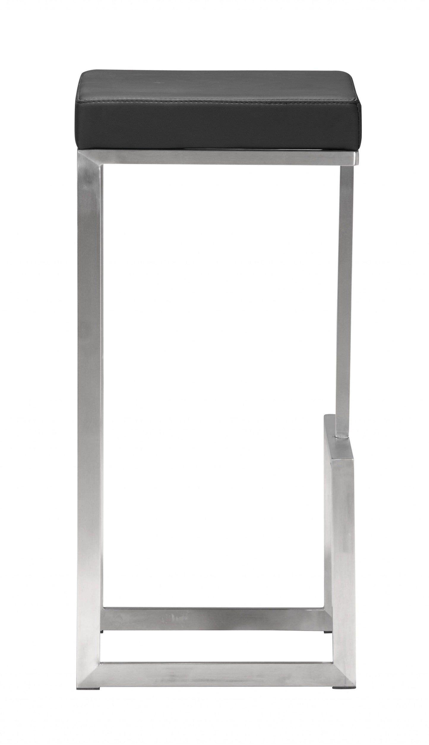 Set of Two Black Faux Leather and Stainless Geometric Backless Barstools