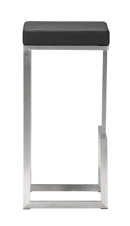 Set of Two Black Faux Leather and Stainless Geometric Backless Barstools