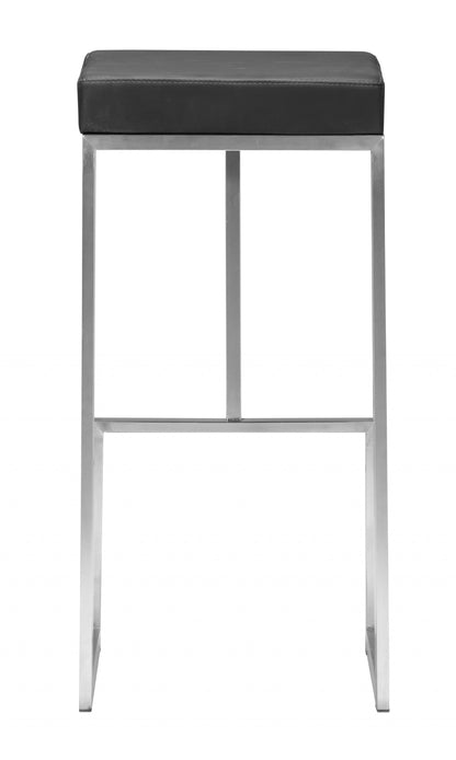 Set of Two Black Faux Leather and Stainless Geometric Backless Barstools