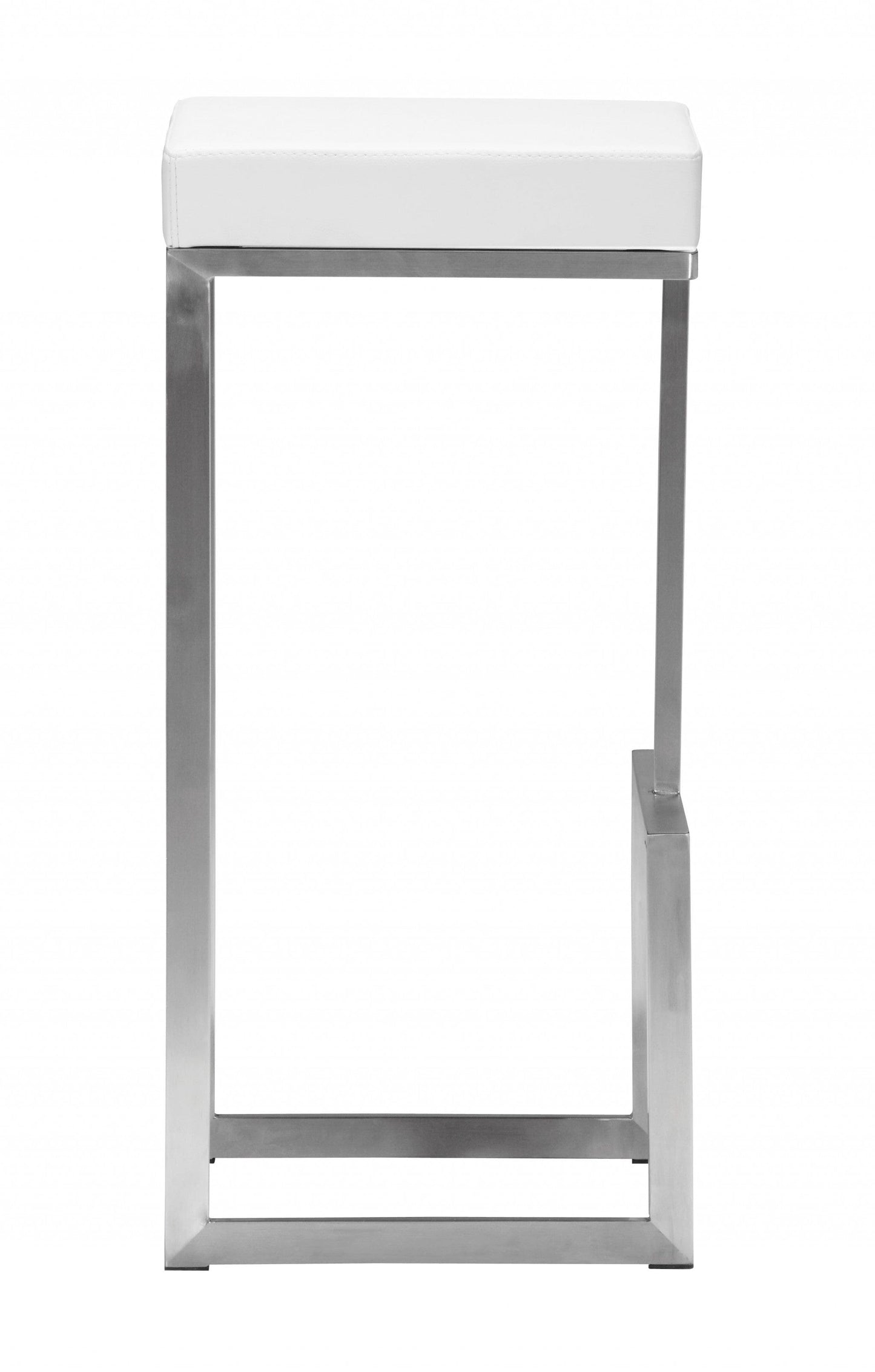 Set of Two White Faux Leather and Stainless Geometric Backless Barstools