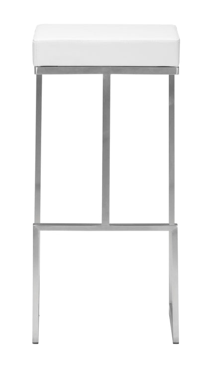 Set of Two White Faux Leather and Stainless Geometric Backless Barstools