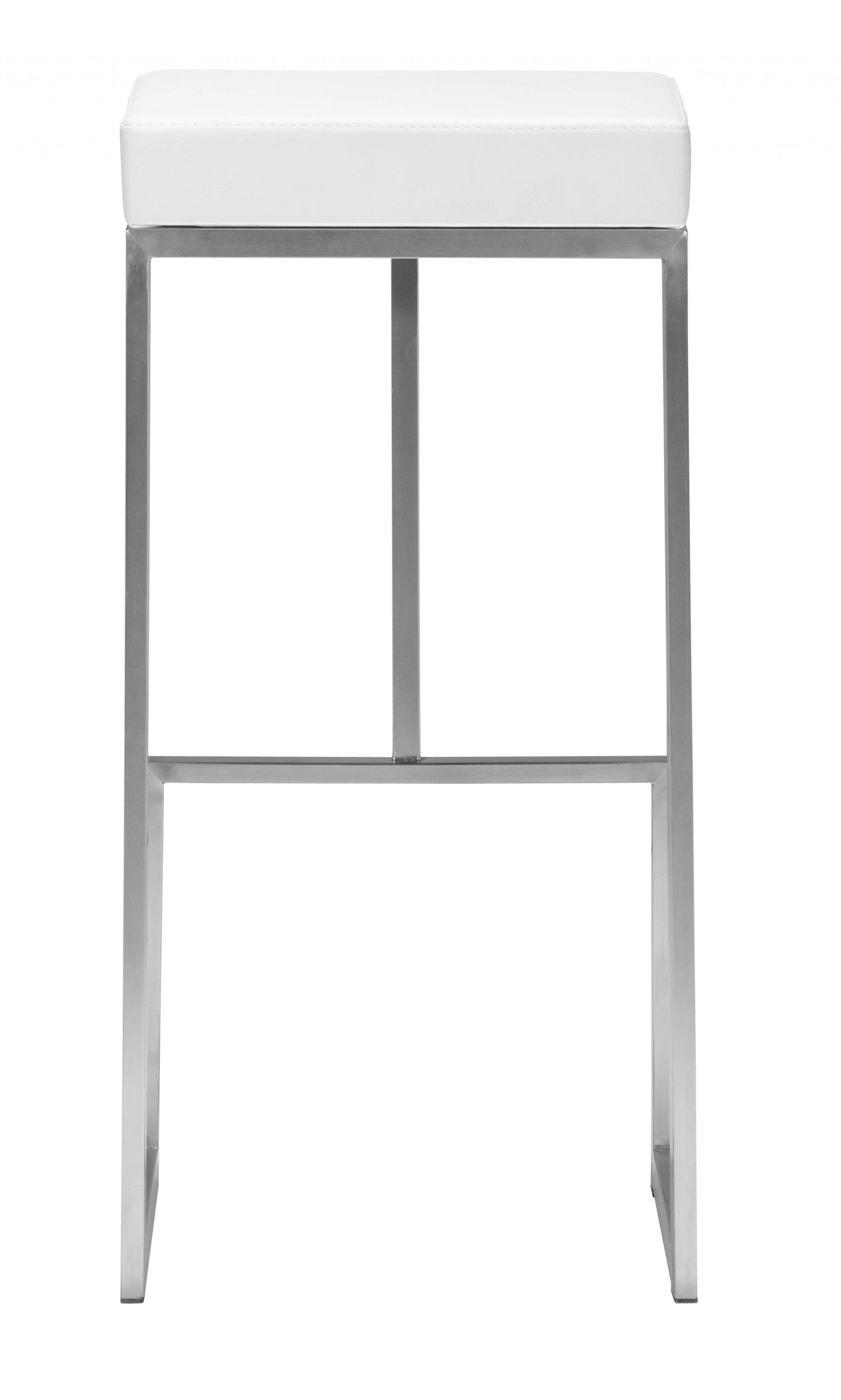 Set of Two White Faux Leather and Stainless Geometric Backless Barstools