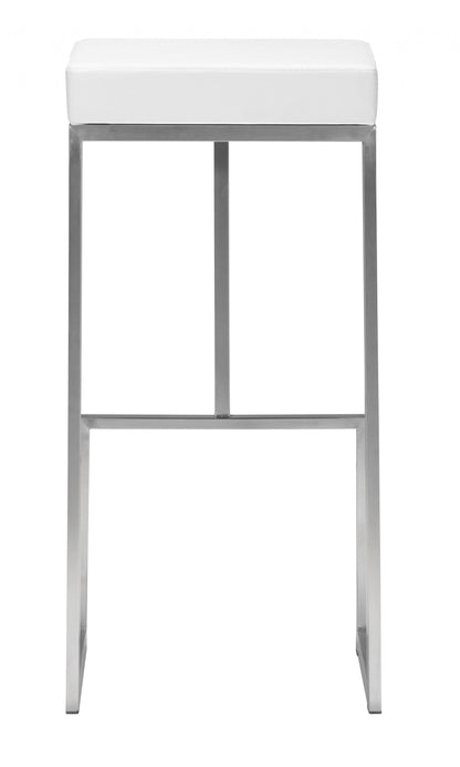 Set of Two White Faux Leather and Stainless Geometric Backless Barstools