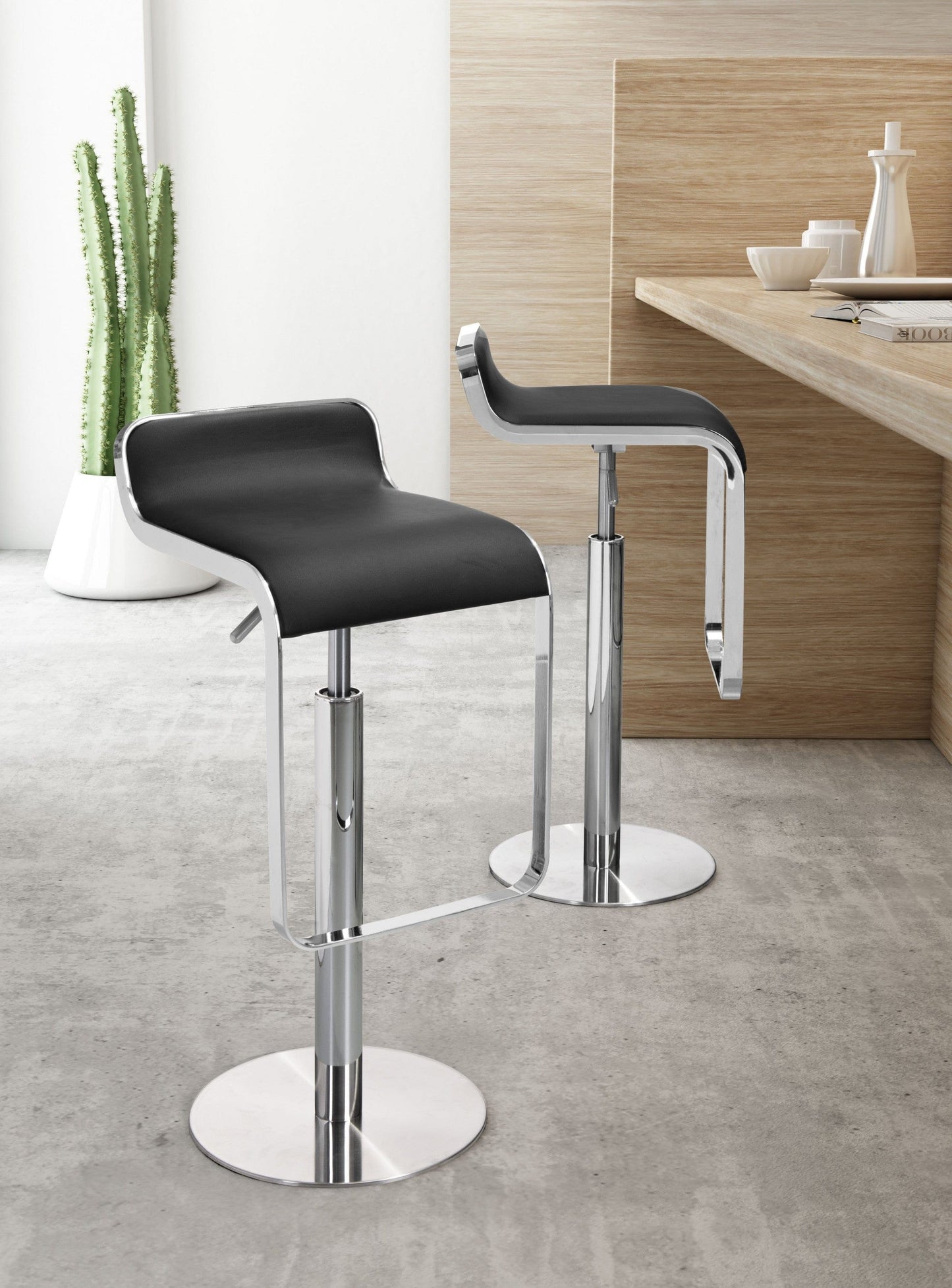 Modern Black Faux Leather and Chrome Adjustable Pedestal Barstool