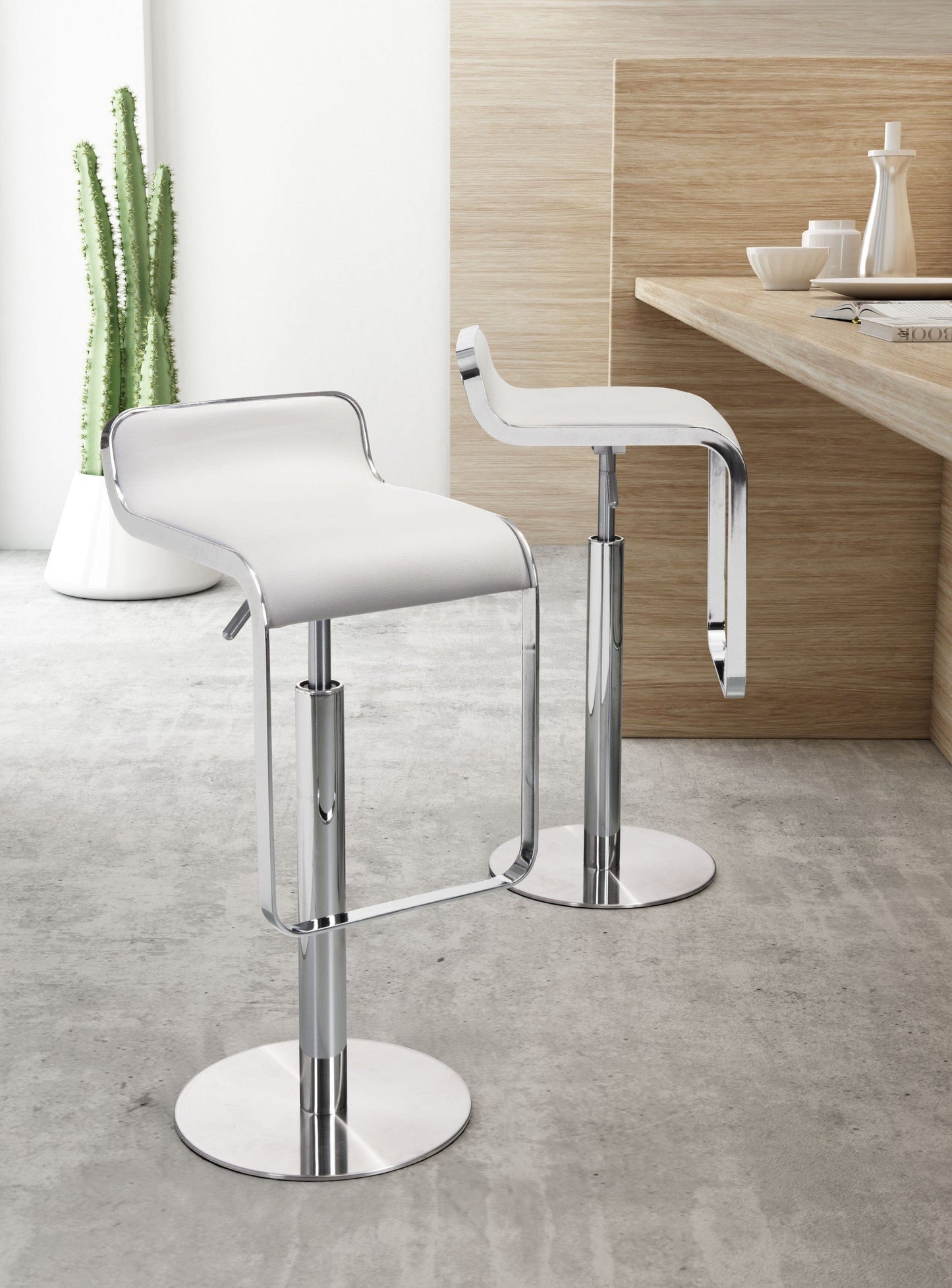 Modern White Faux Leather and Chrome Adjustable Pedestal Barstool