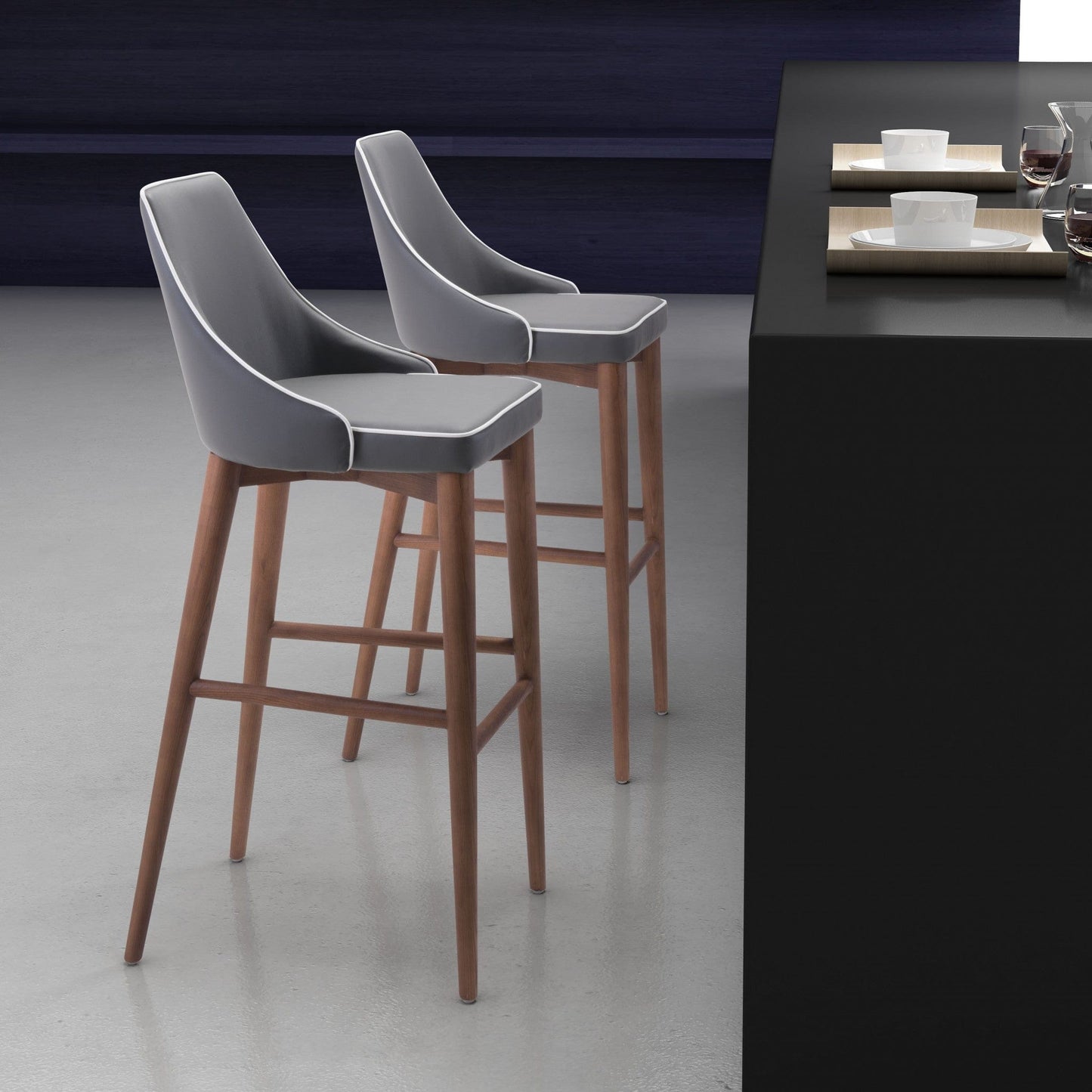 Dark Gray with White Piping and Walnut Bar Chair