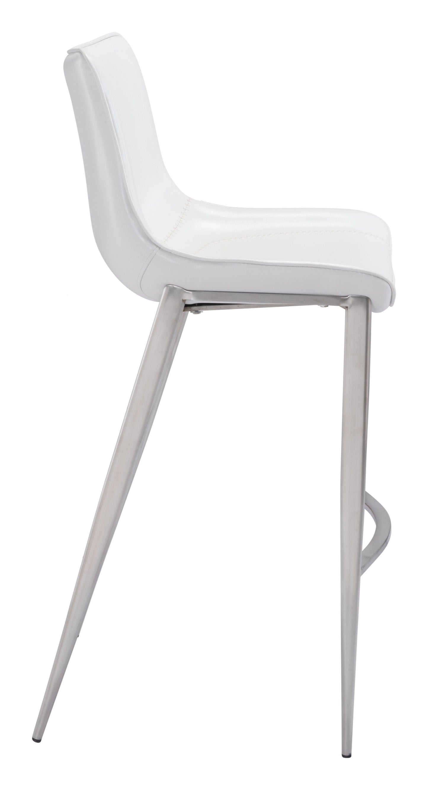 Set of Two White Faux Leather and Steel Modern Stitch Bucket Bar Chairs