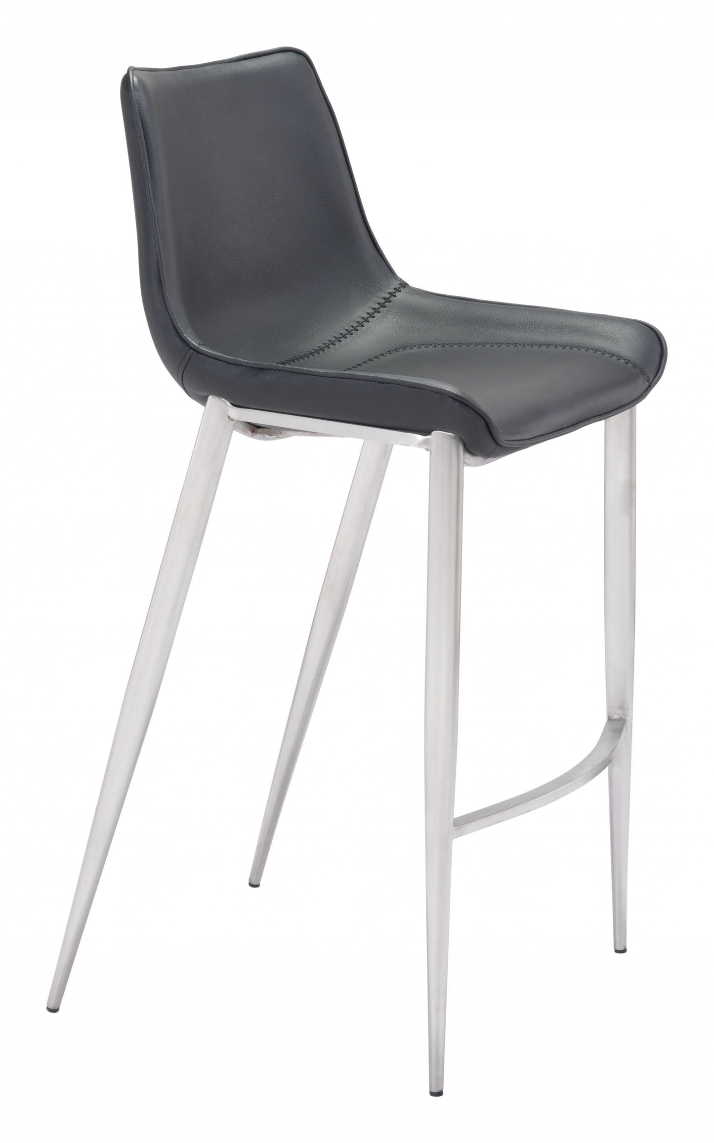 Set of Two Black Faux Leather and Steel Modern Stitch Bucket Bar Chairs