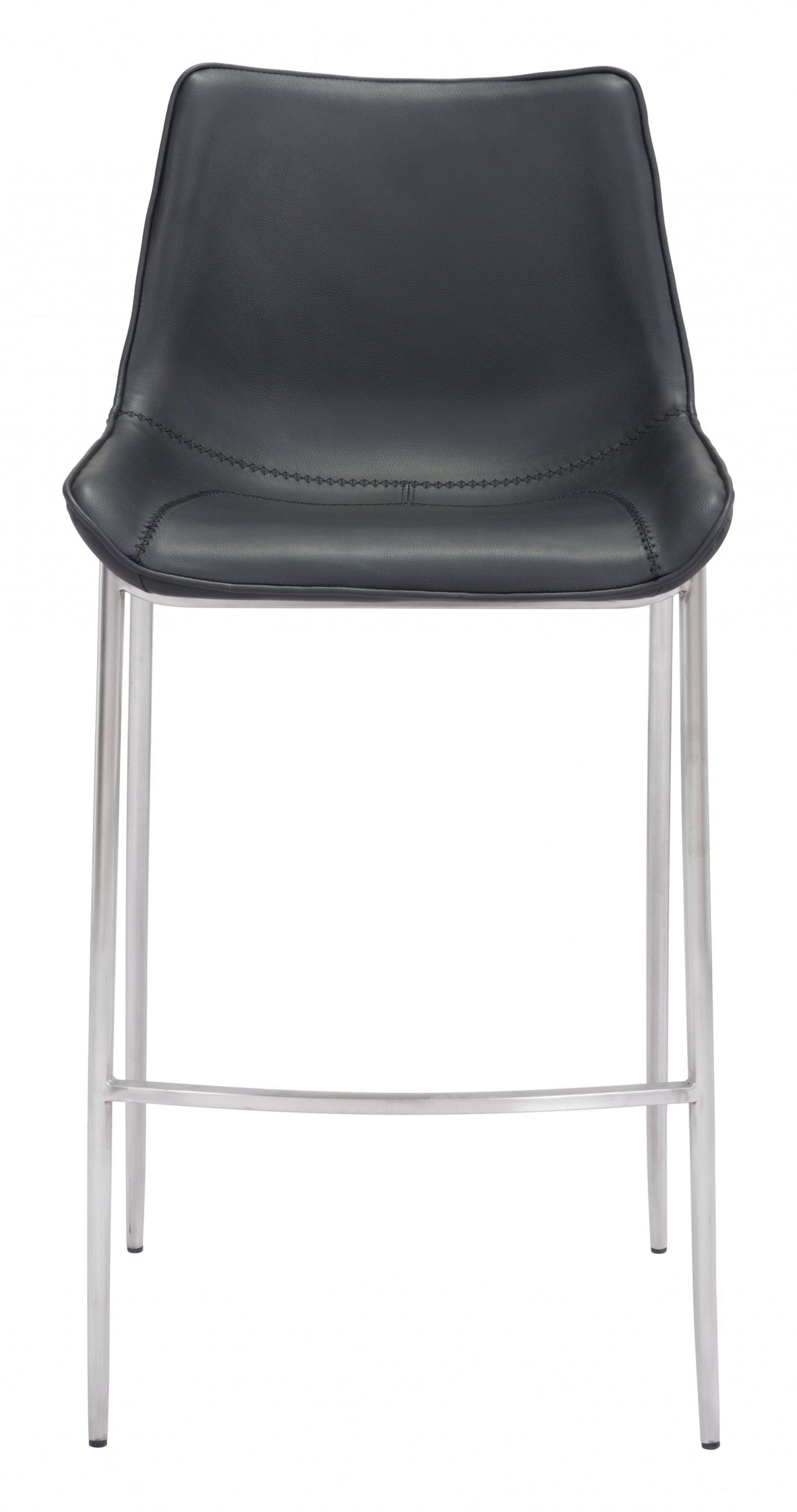 Set of Two Black Faux Leather and Steel Modern Stitch Bucket Bar Chairs