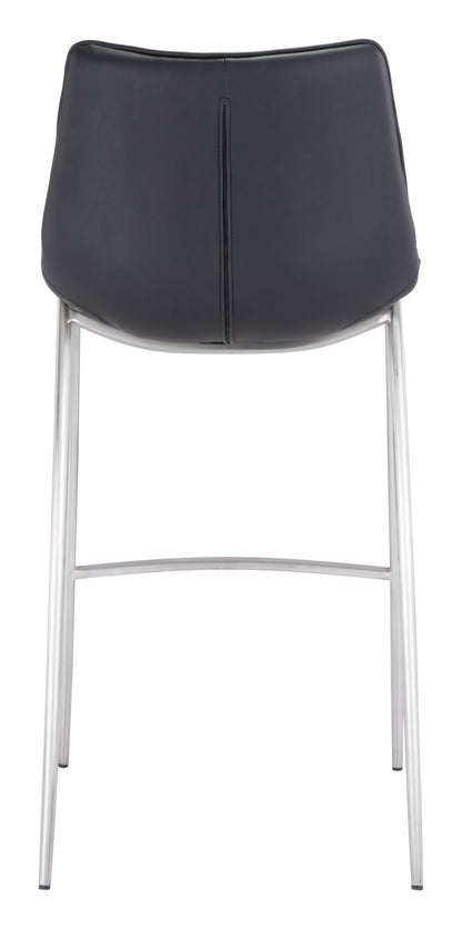 Set of Two Black Faux Leather and Steel Modern Stitch Bucket Bar Chairs