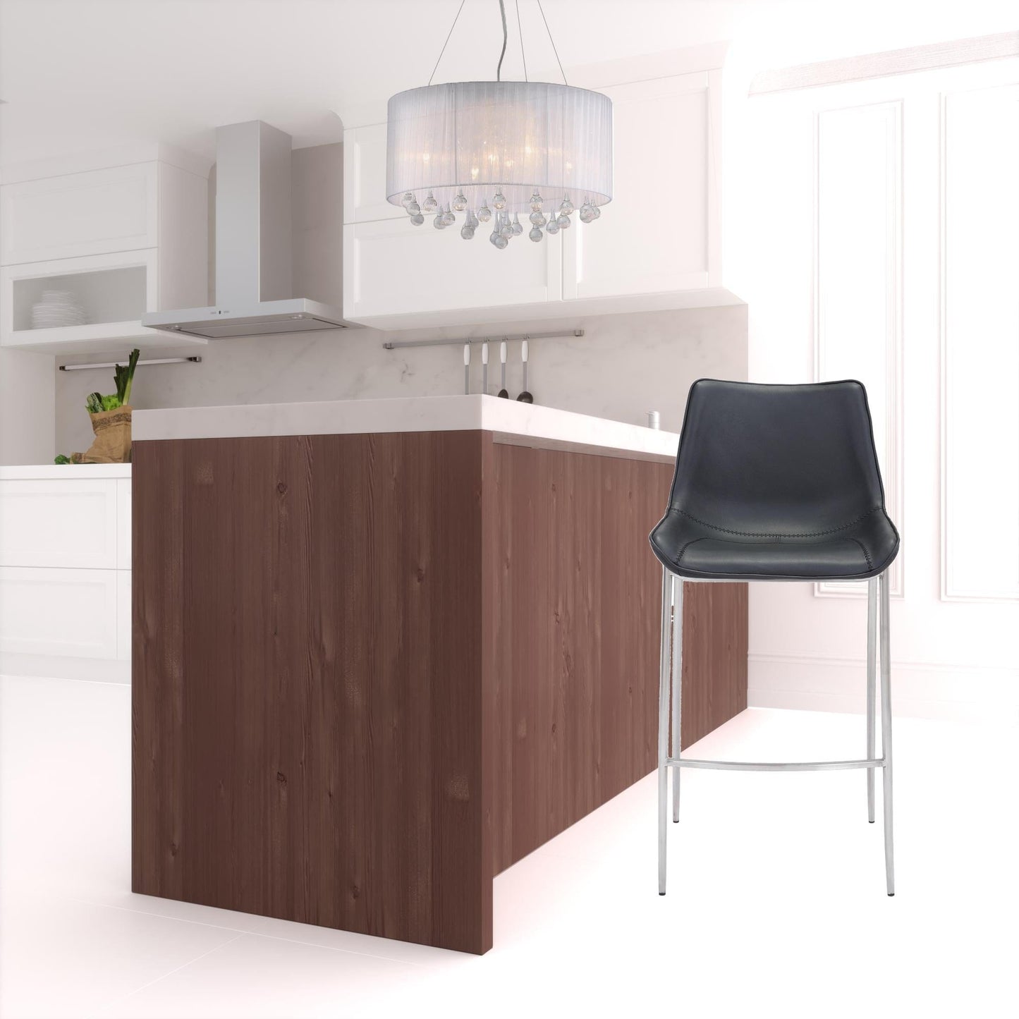 Set of Two Black Faux Leather and Steel Modern Stitch Bucket Bar Chairs