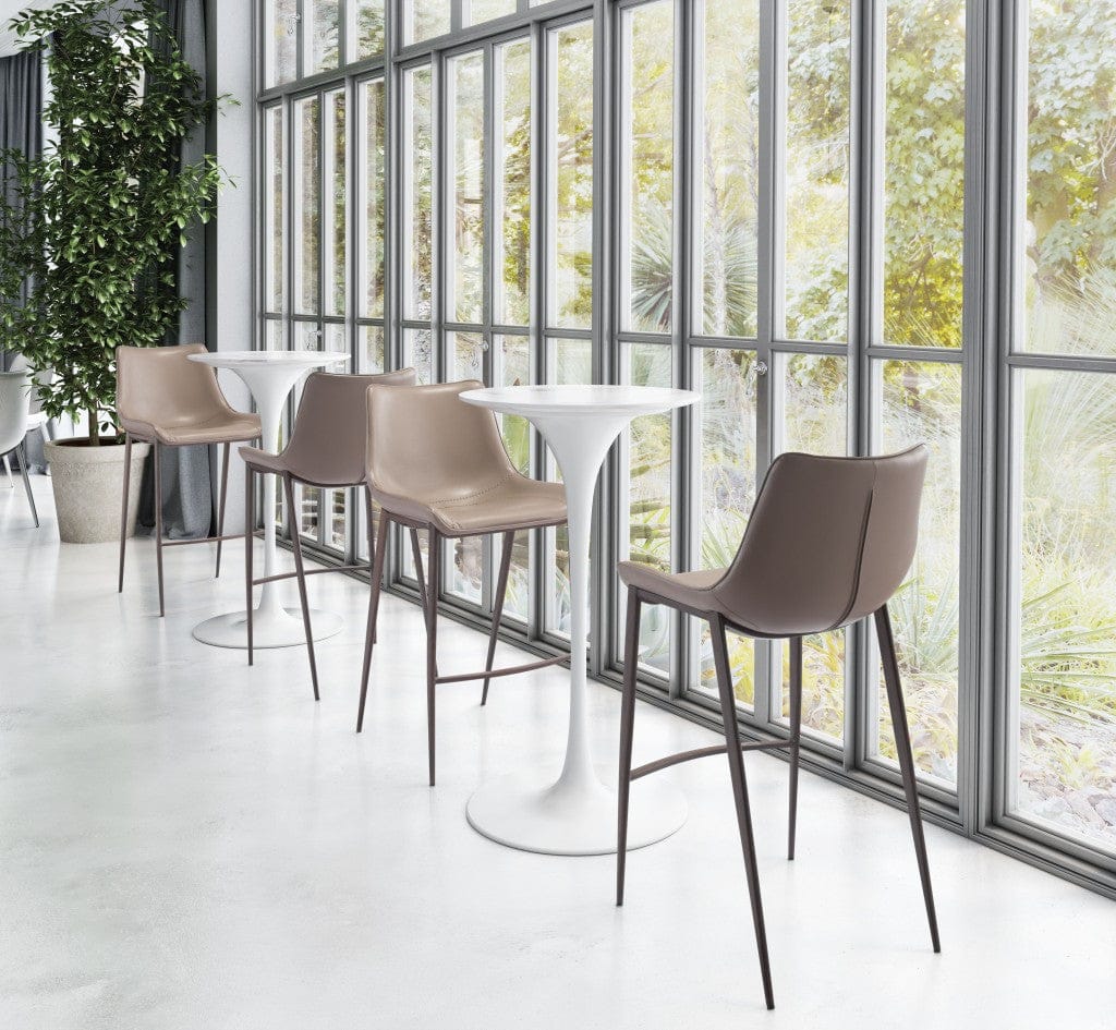 Gray Faux Leather and Dark Brown Steel Modern Stitch Bucket Bar Chairs