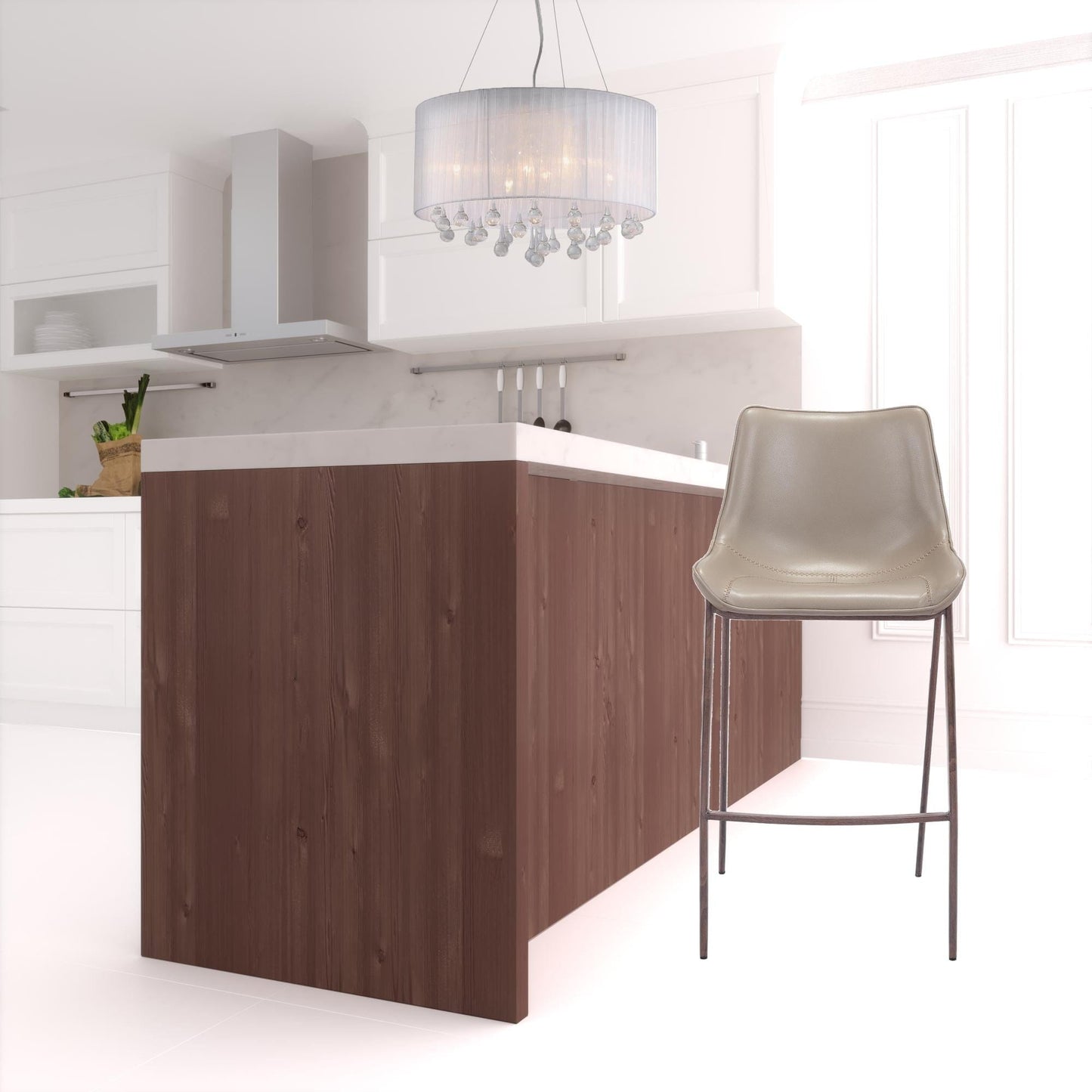 Gray Faux Leather and Dark Brown Steel Modern Stitch Bucket Bar Chairs