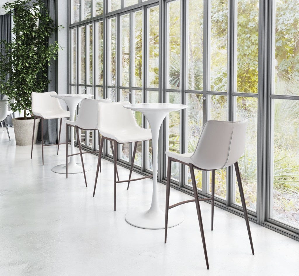 Gray Faux Leather and White Steel Modern Stitch Bucket Bar Chairs