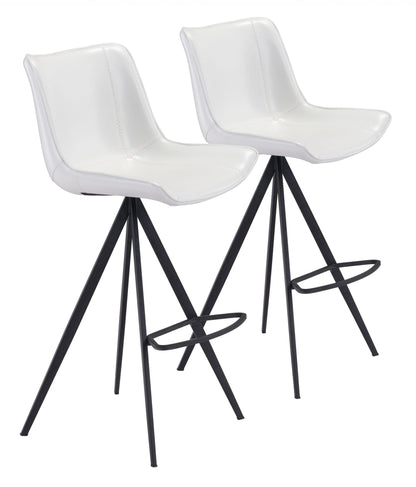 Set of Two White and Black Faux Leather Triangle Base Bar Chairs