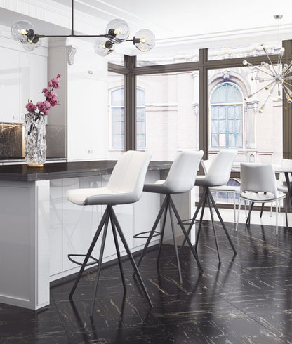 Set of Two White and Black Faux Leather Triangle Base Bar Chairs