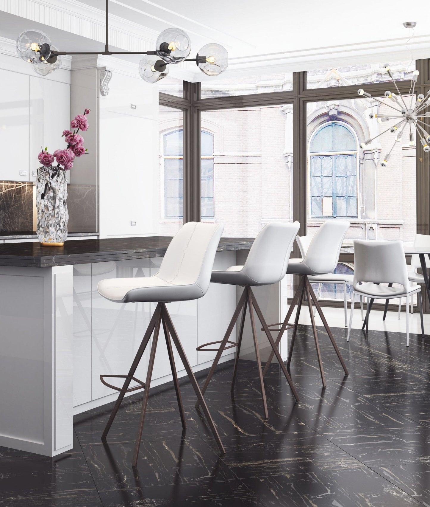 Set of Two White and Espresso Faux Leather Triangle Base Bar Chairs