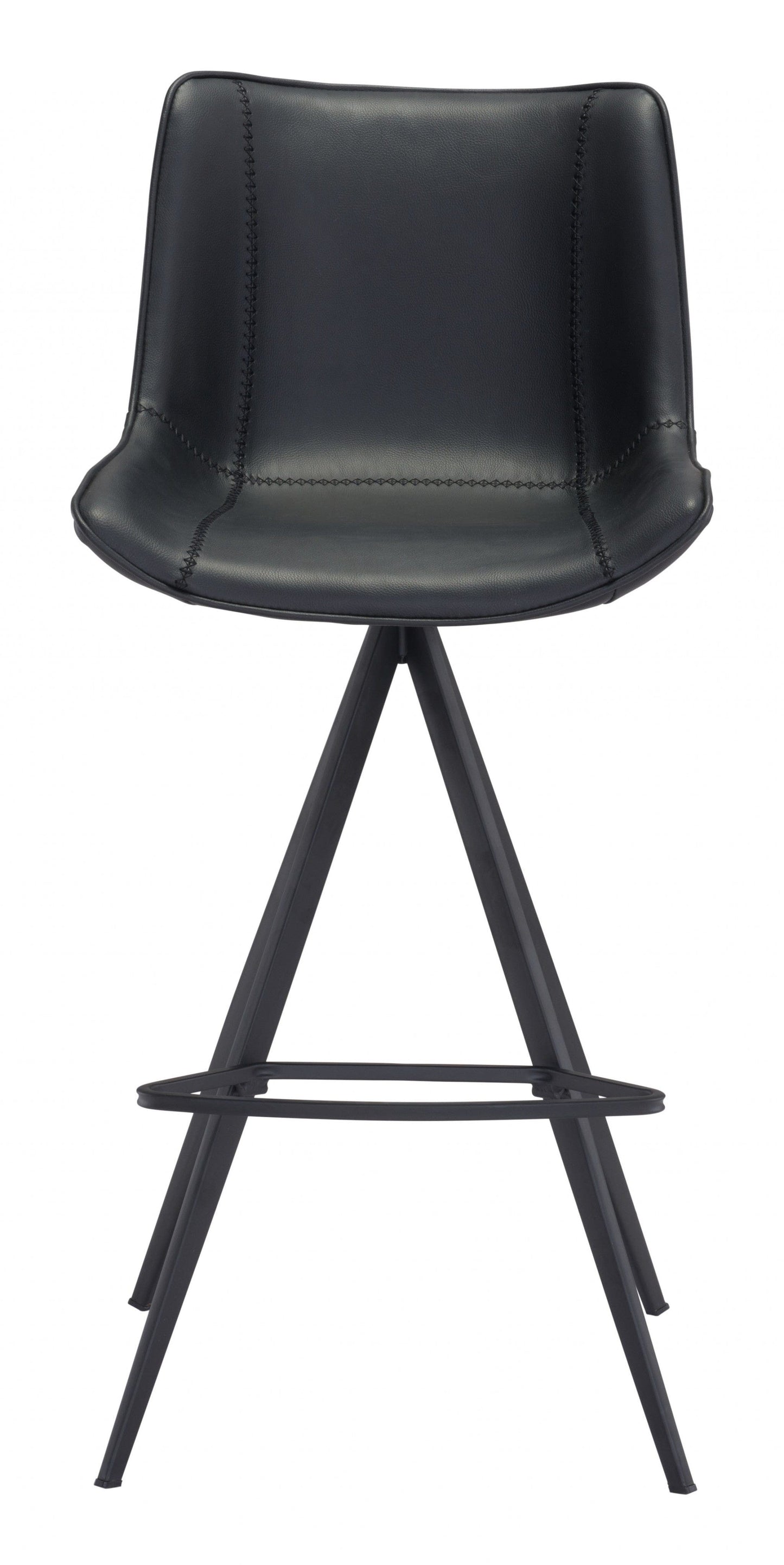 Set of Two Black on Black Faux Leather Triangle Base Bar Chairs