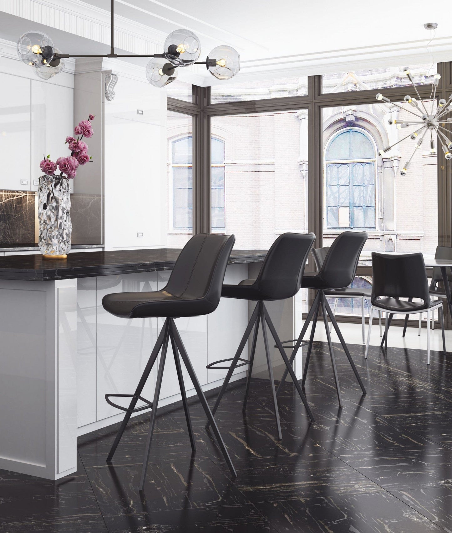 Set of Two Black on Black Faux Leather Triangle Base Bar Chairs