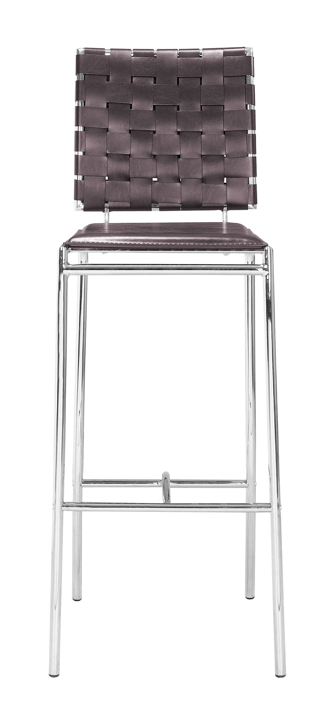 Set of Two Brown Faux Leather and Steel Modern Basket Weave Bar Chairs