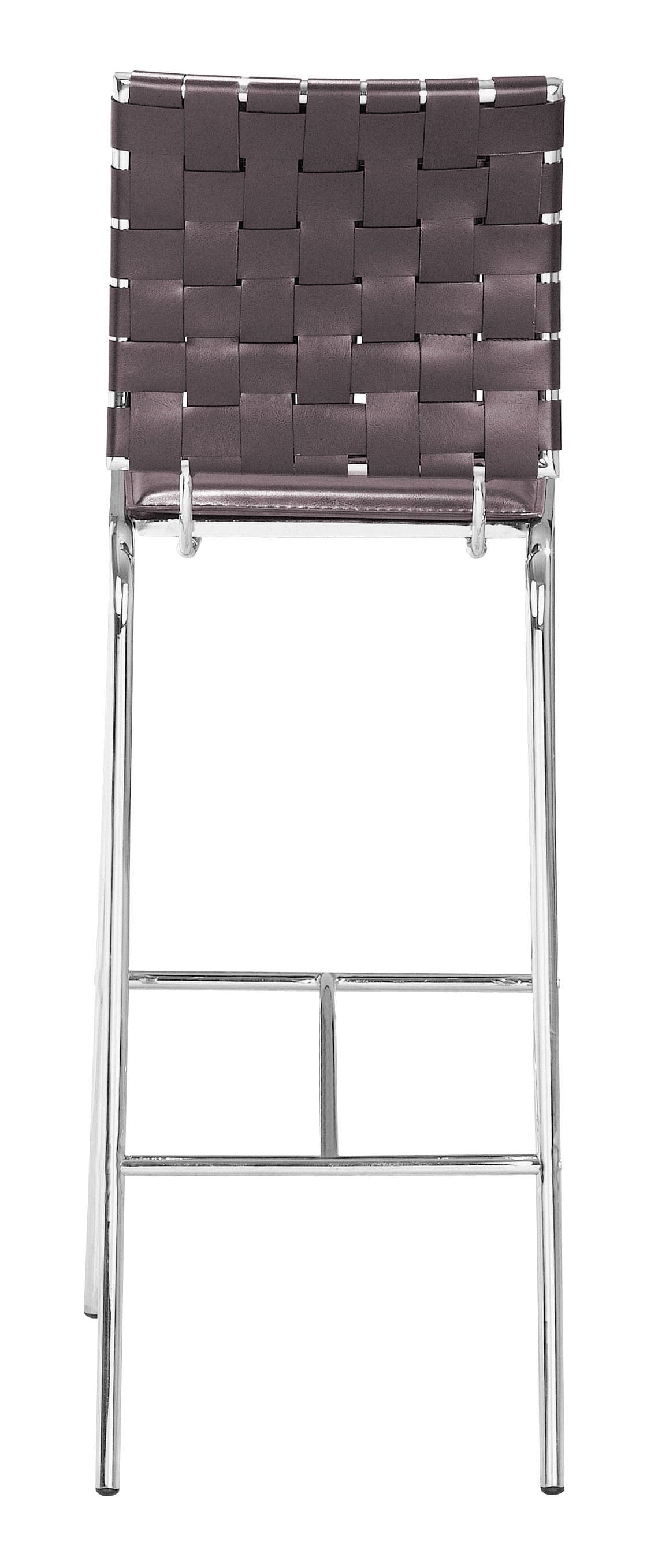 Set of Two Brown Faux Leather and Steel Modern Basket Weave Bar Chairs