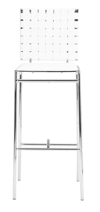 Set of Two White Faux Leather and Steel Modern Basket Weave Bar Chairs