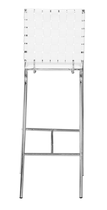 Set of Two White Faux Leather and Steel Modern Basket Weave Bar Chairs