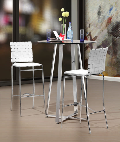 Set of Two White Faux Leather and Steel Modern Basket Weave Bar Chairs