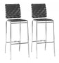Set of Two Black Faux Leather and Steel Modern Basket Weave Bar Chairs