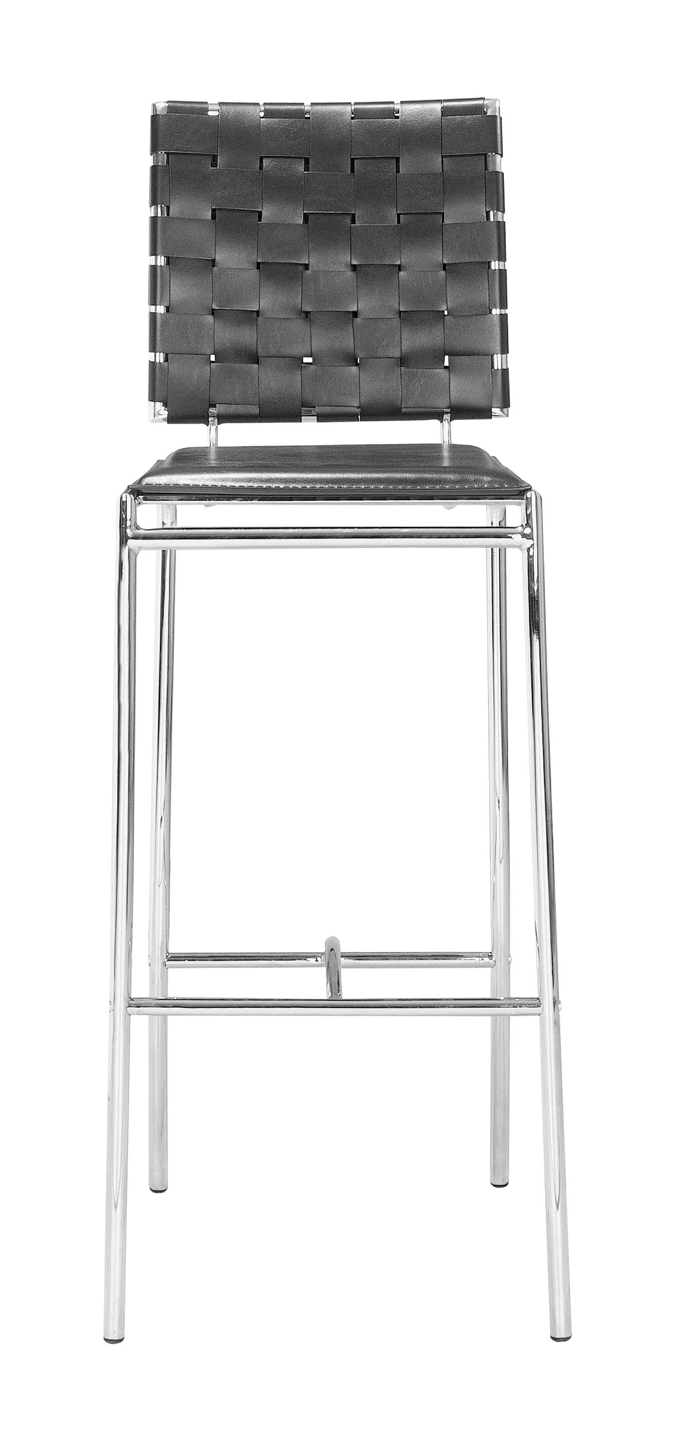 Set of Two Black Faux Leather and Steel Modern Basket Weave Bar Chairs