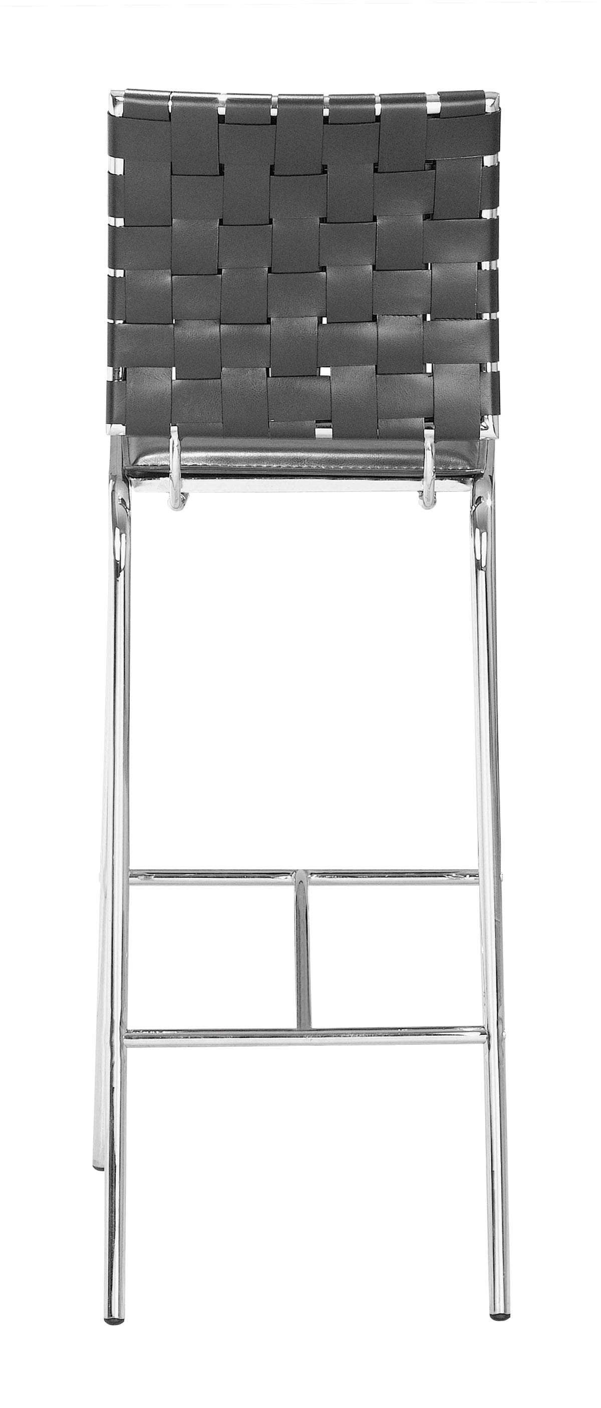 Set of Two Black Faux Leather and Steel Modern Basket Weave Bar Chairs