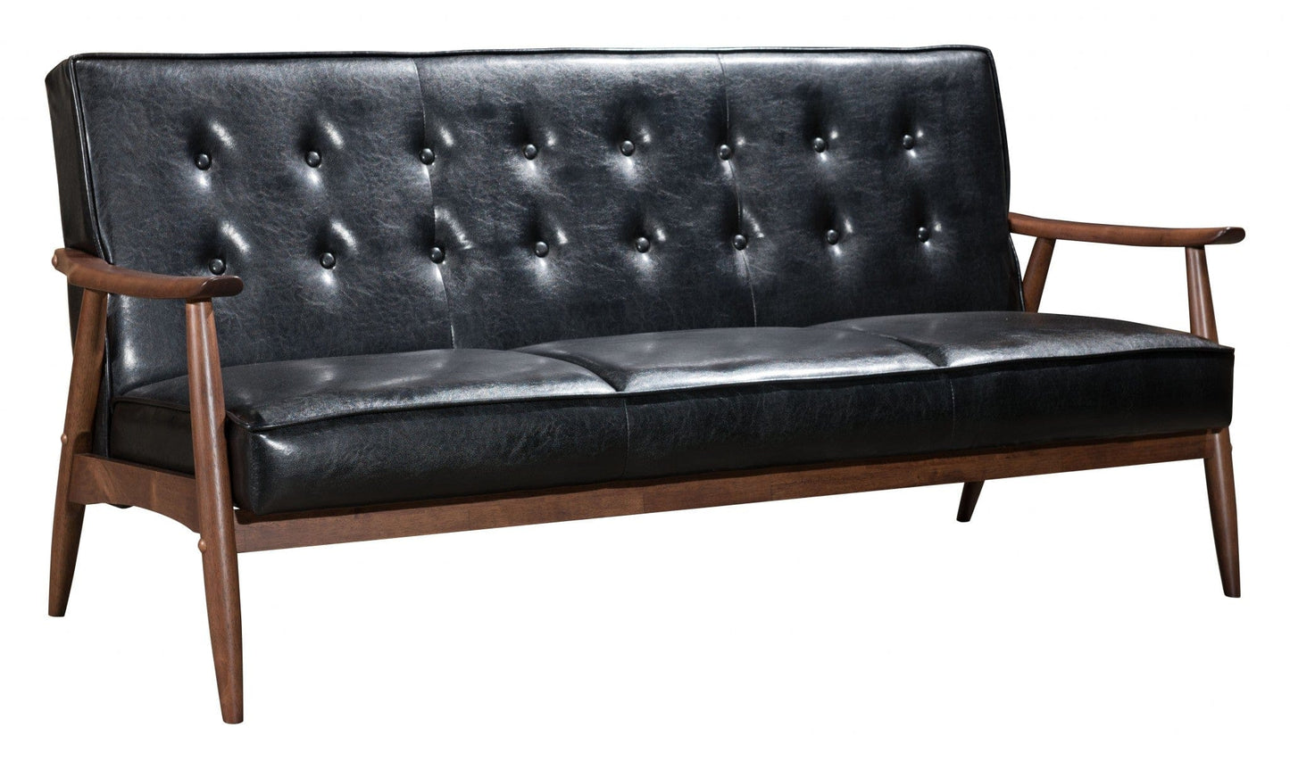 69" Black Button Tufted Faux Leather And Brown Standard Sofa