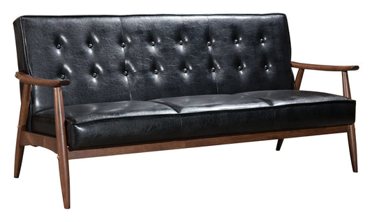 69" Black Button Tufted Faux Leather And Brown Standard Sofa