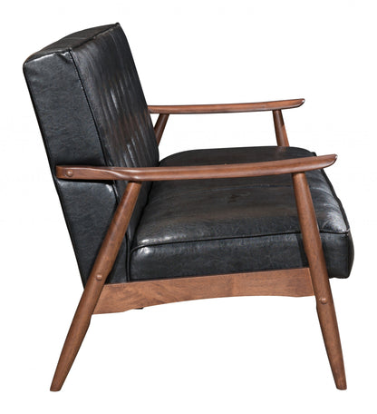 69" Black Button Tufted Faux Leather And Brown Standard Sofa