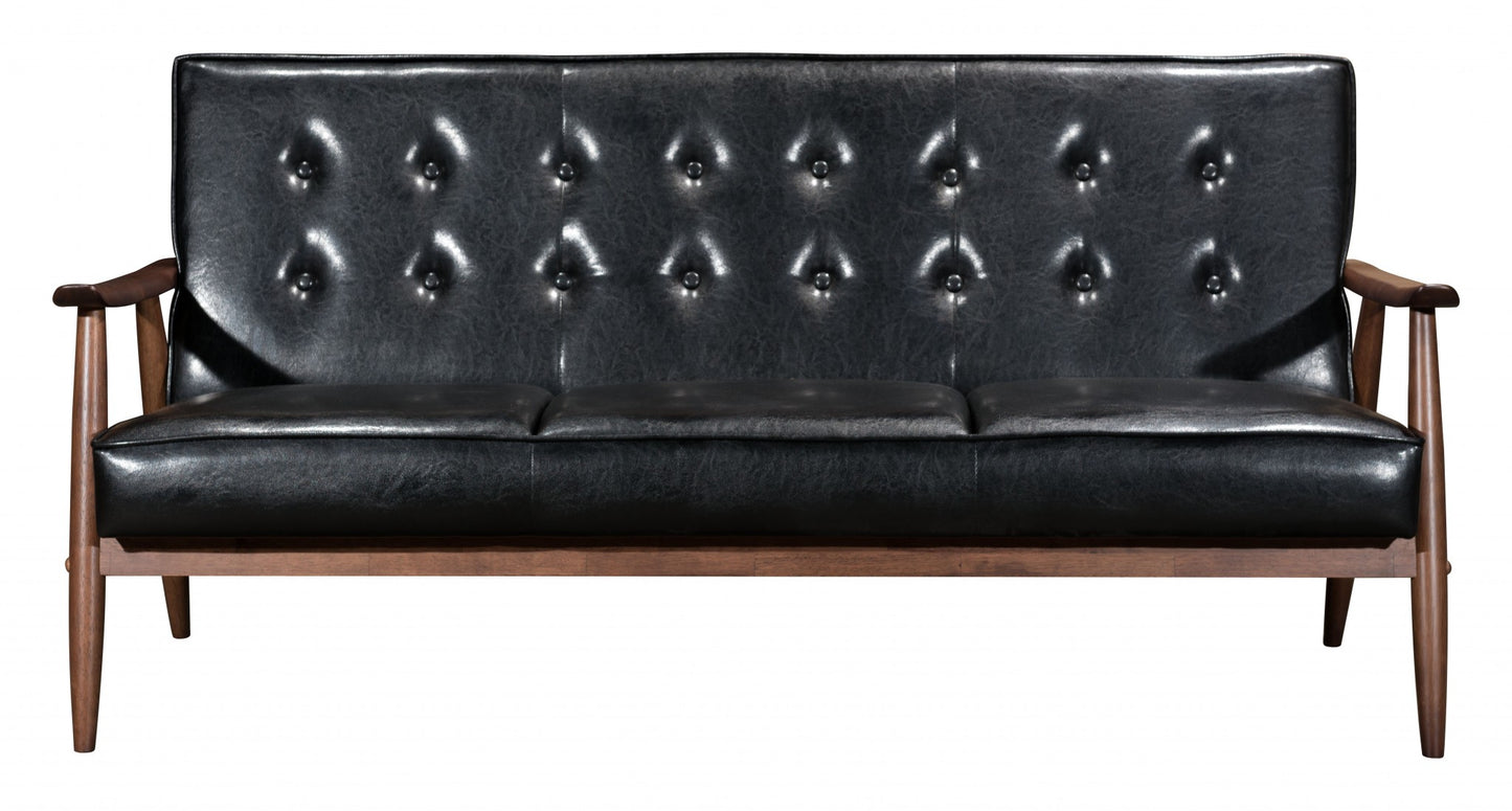 69" Black Button Tufted Faux Leather And Brown Standard Sofa