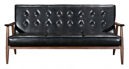 69" Black Button Tufted Faux Leather And Brown Standard Sofa