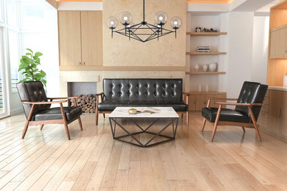 69" Black Button Tufted Faux Leather And Brown Standard Sofa