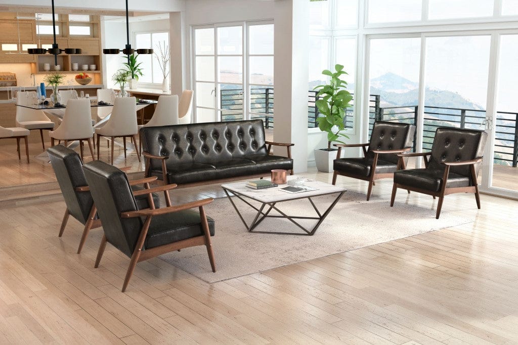 69" Black Button Tufted Faux Leather And Brown Standard Sofa