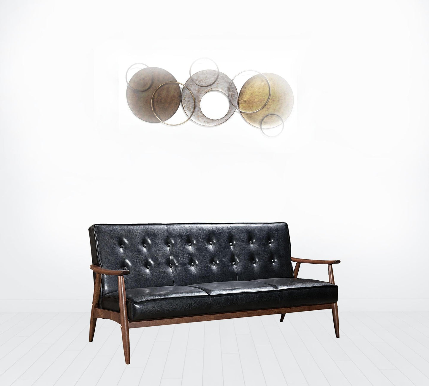 69" Black Button Tufted Faux Leather And Brown Standard Sofa