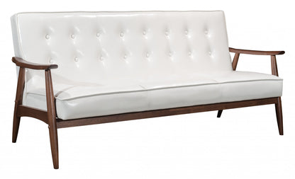69" White Button Tufted Faux Leather And Brown Standard Sofa