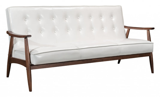 69" White Button Tufted Faux Leather And Brown Standard Sofa
